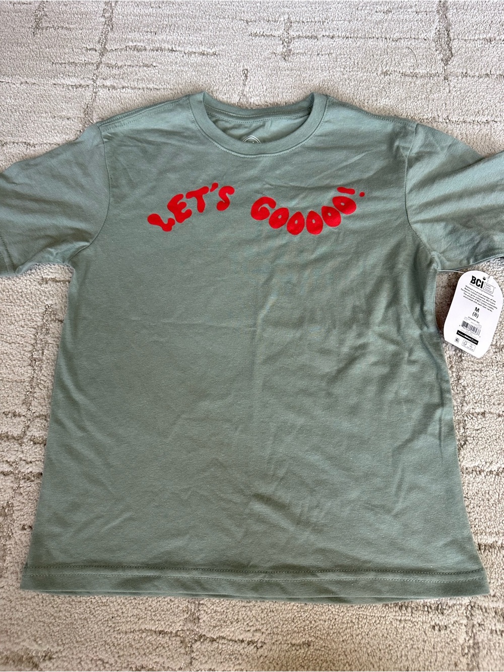 NWT Kids Cotton Sage Green Graphic Tee with Red "LET'S GOOOOO!"